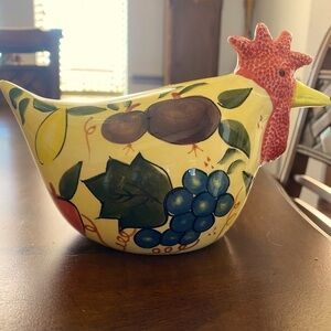 CBK LTD hand painted ceramic rooster/hen multiple colored fruit & leaves 1999